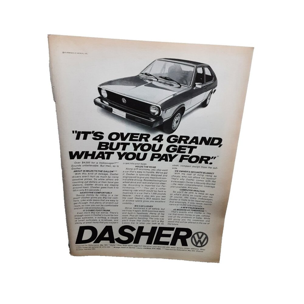 1974 Volkswagen Dasher Print Ad VW Compact Car Over 4 Grand Vintage Auto